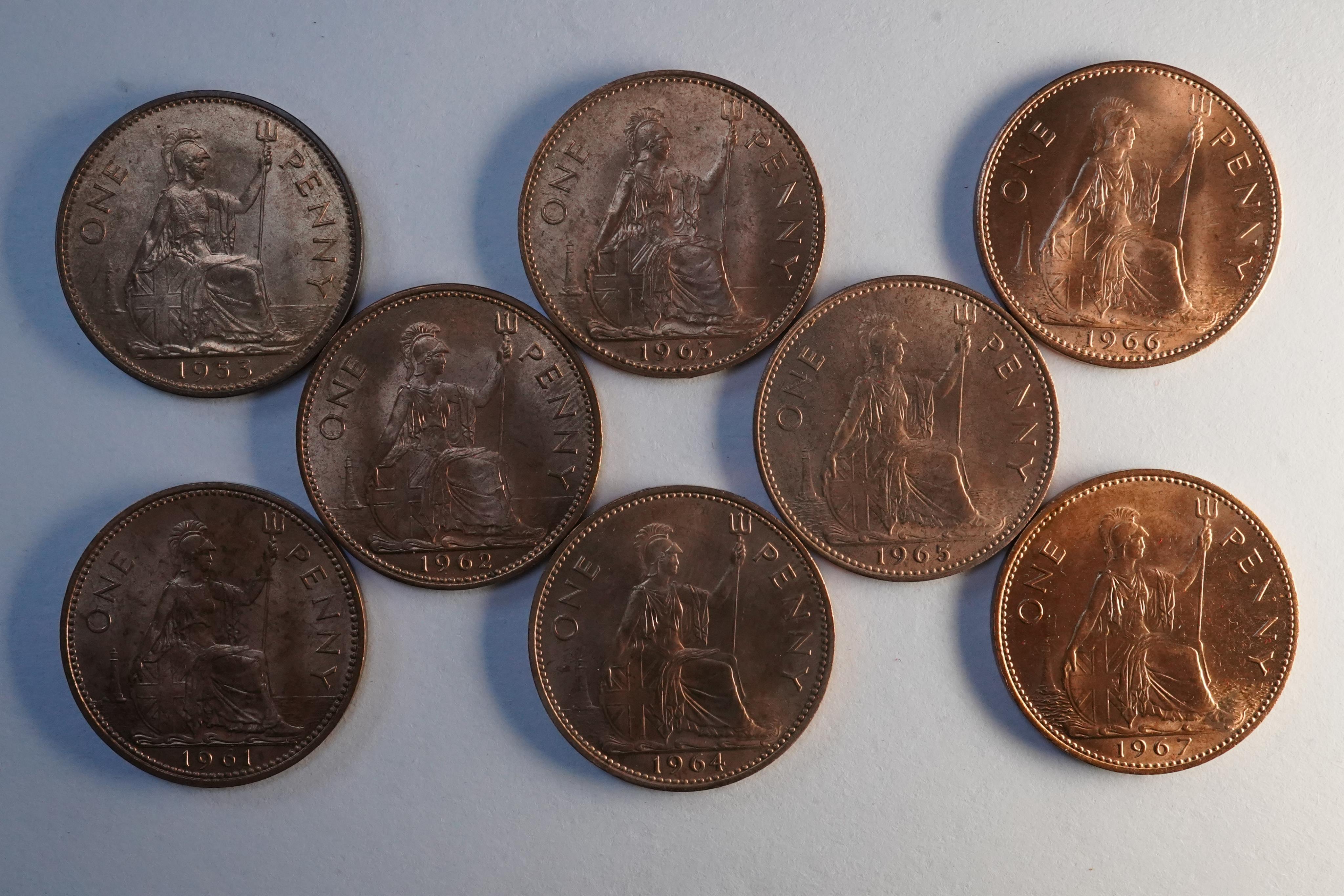 John Hill Collection., British coins, George VI and Elizabeth II, a date set of pre-decimal bronze pennies (1937-1967), S. 4114, S. 4154 and S. 4157, excludes 1941-43 and 1954-60, ranging from EF to UNC, many with full l